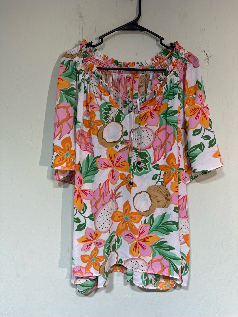 Rose & Olive peasant style colorful floral tropical fruit tie neck blouse 3x